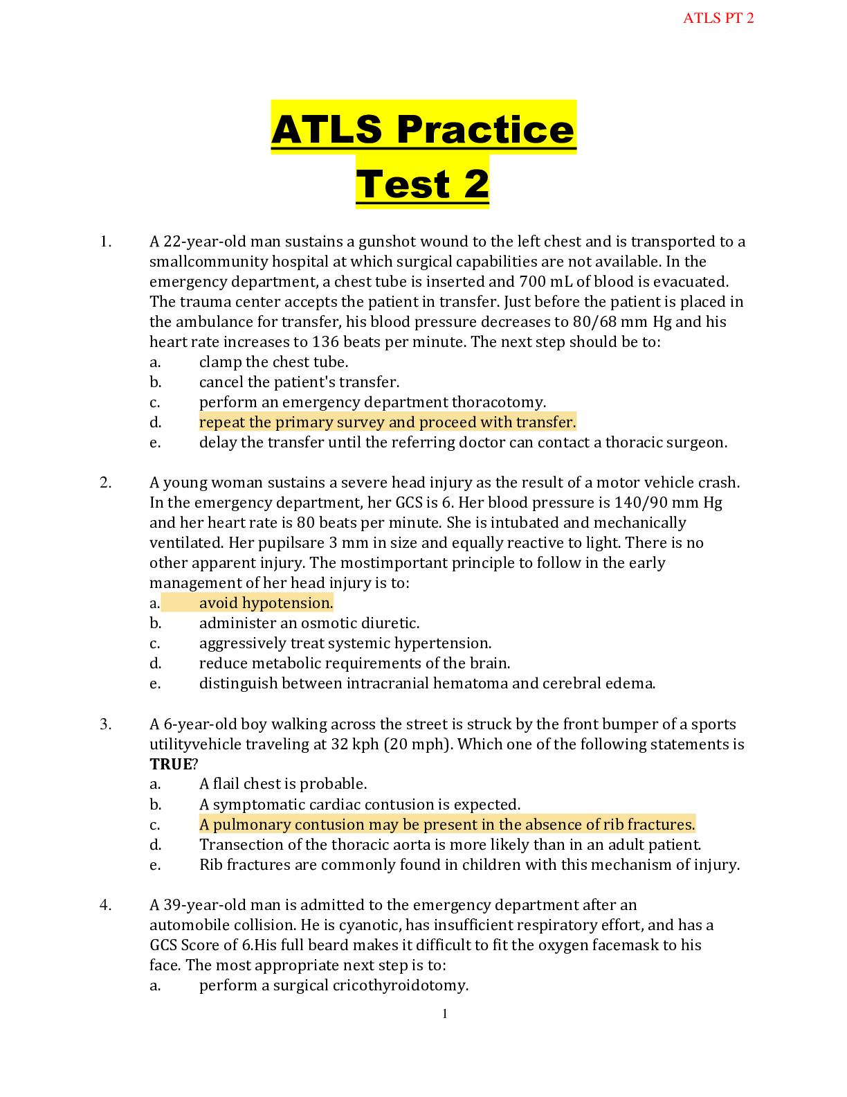 Preview image for ATLS PRACTICE TEST 2 2021 UPDATE(100%guaranteed)